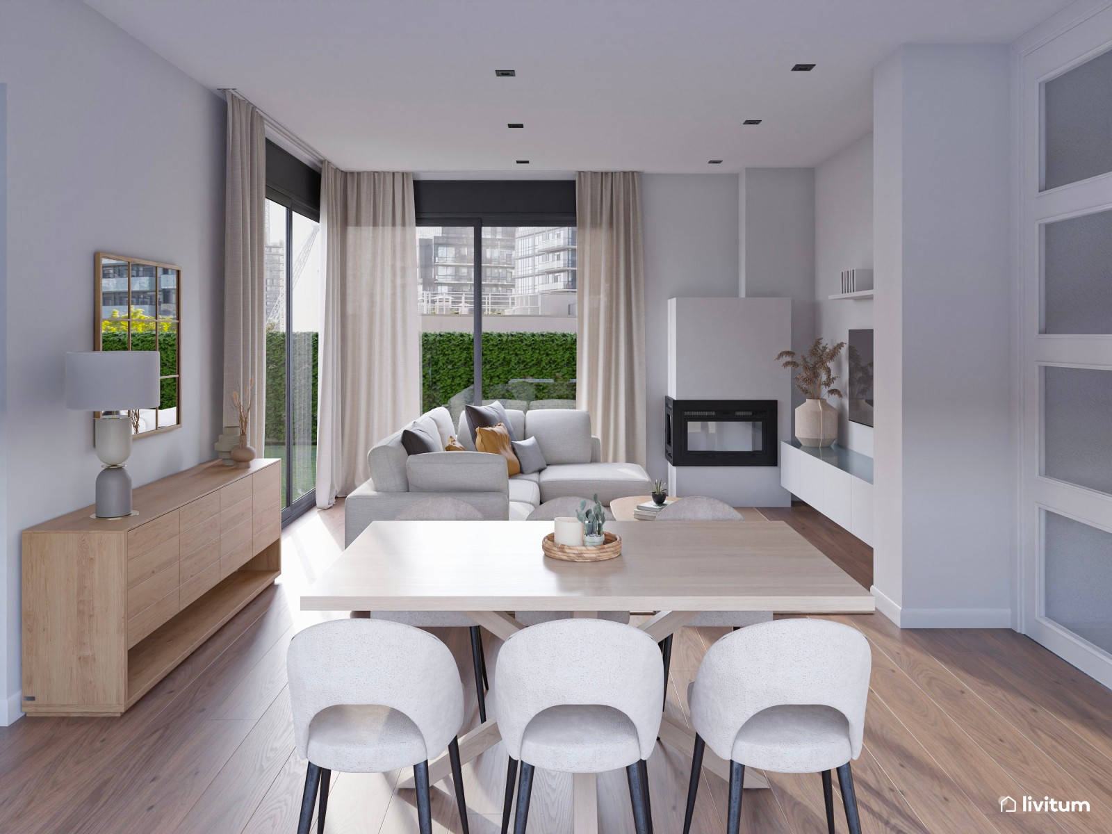 Elegante y moderno salón comedor en tonos tierra suaves 