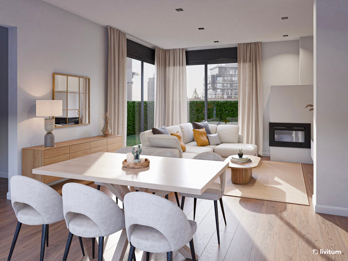 Elegante y moderno salón comedor en tonos tierra suaves