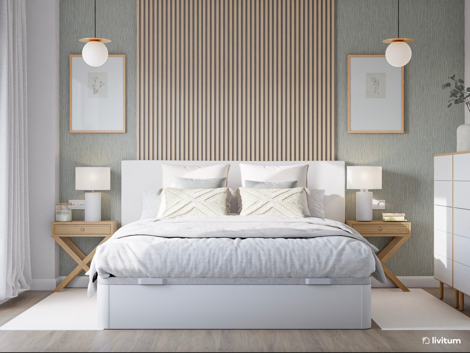  Encantador dormitorio amueblado en madera clara y blanco luminoso