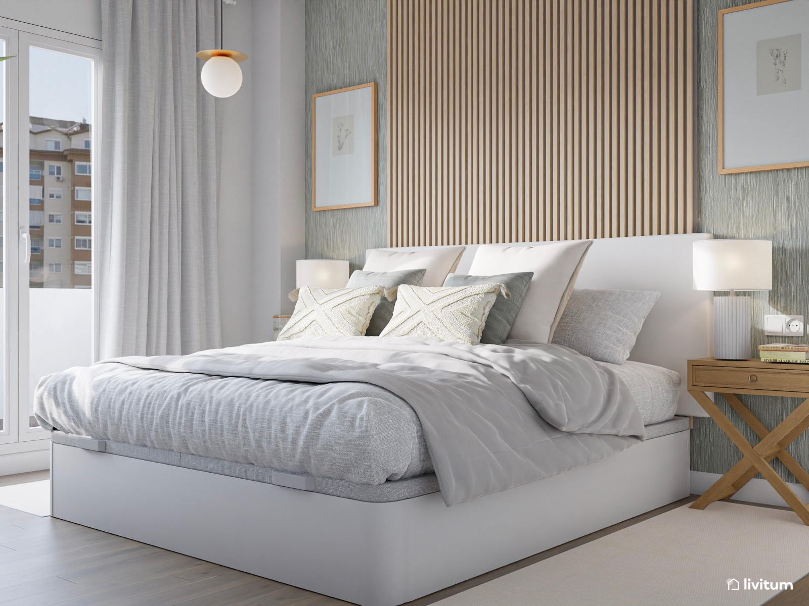  Encantador dormitorio amueblado en madera clara y blanco luminoso