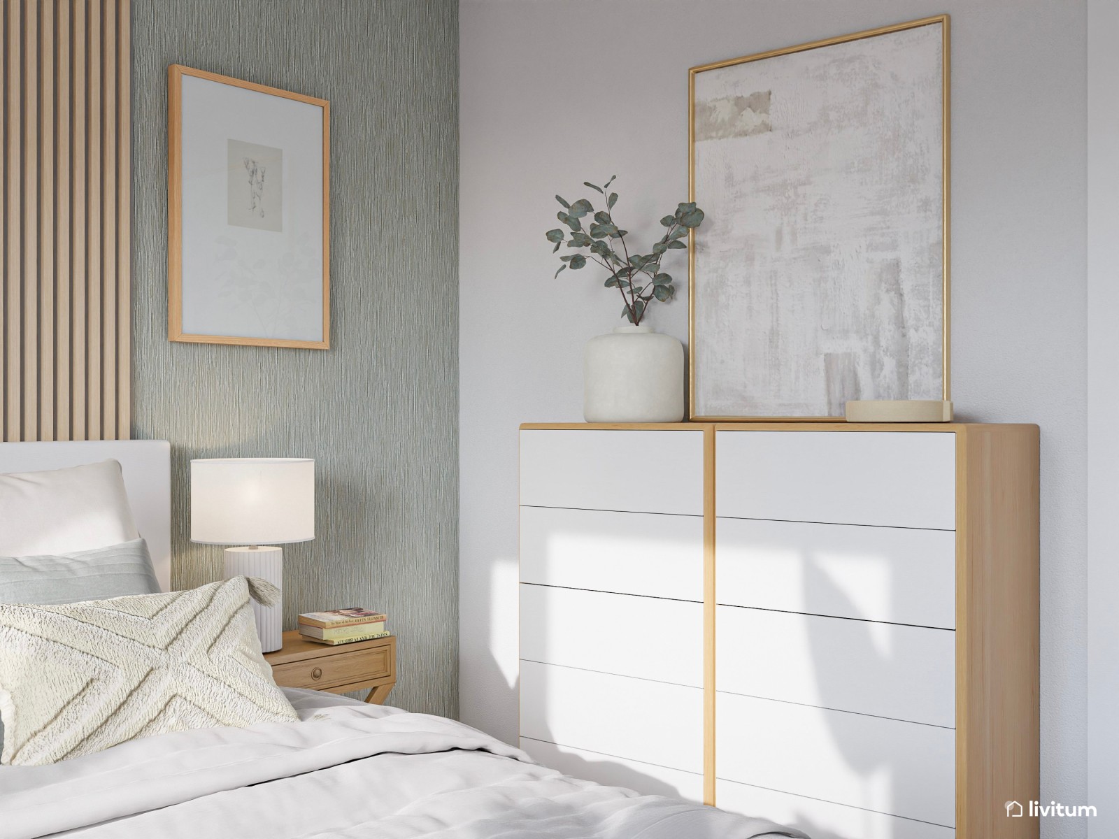  Encantador dormitorio amueblado en madera clara y blanco luminoso