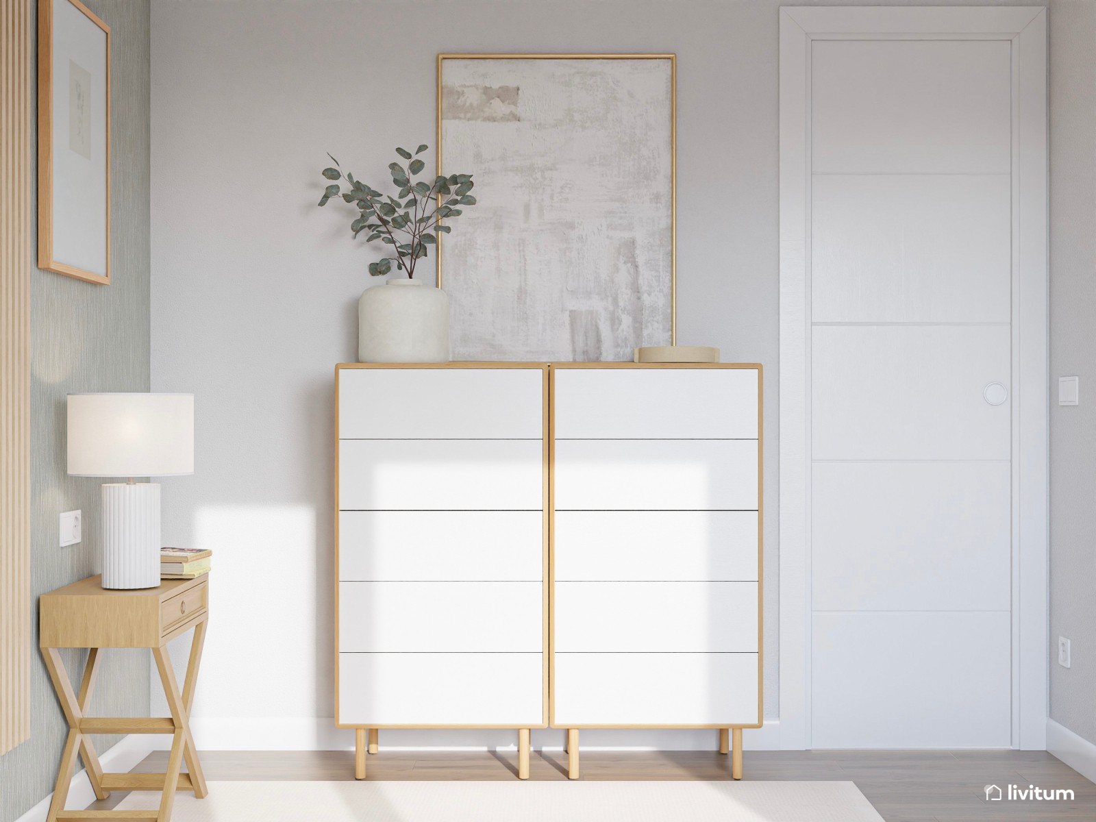  Encantador dormitorio amueblado en madera clara y blanco luminoso