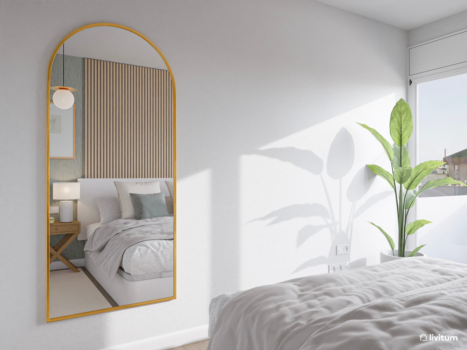  Encantador dormitorio amueblado en madera clara y blanco luminoso