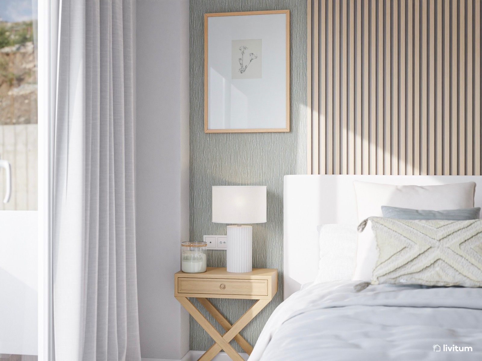  Encantador dormitorio amueblado en madera clara y blanco luminoso