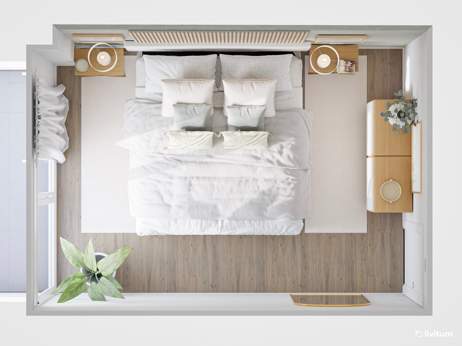  Encantador dormitorio amueblado en madera clara y blanco luminoso