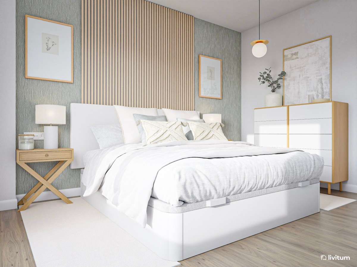 Encantador dormitorio amueblado en madera clara y blanco luminoso
