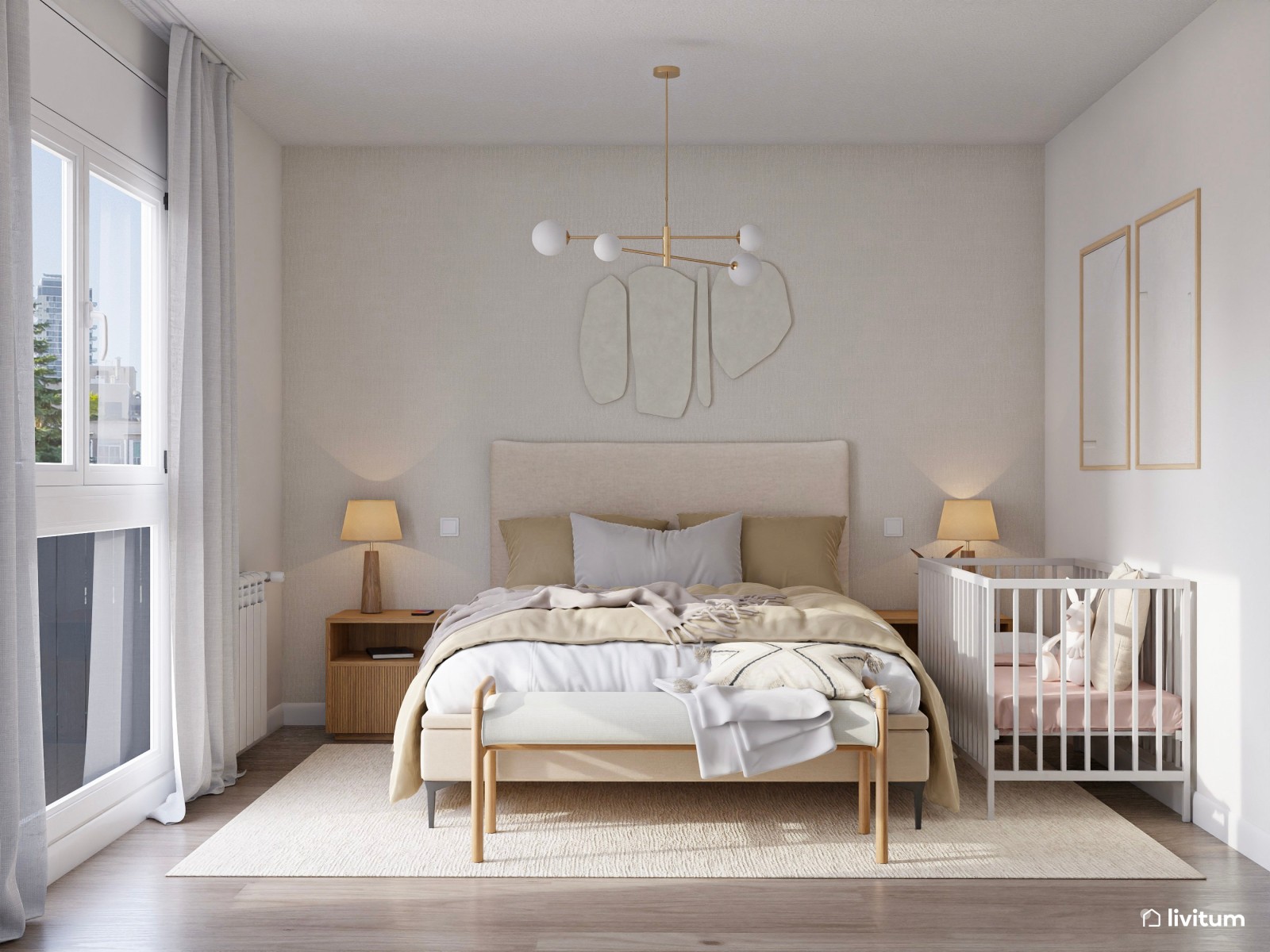 Encantador dormitorio doble en tonos suaves con espacio para cuna 