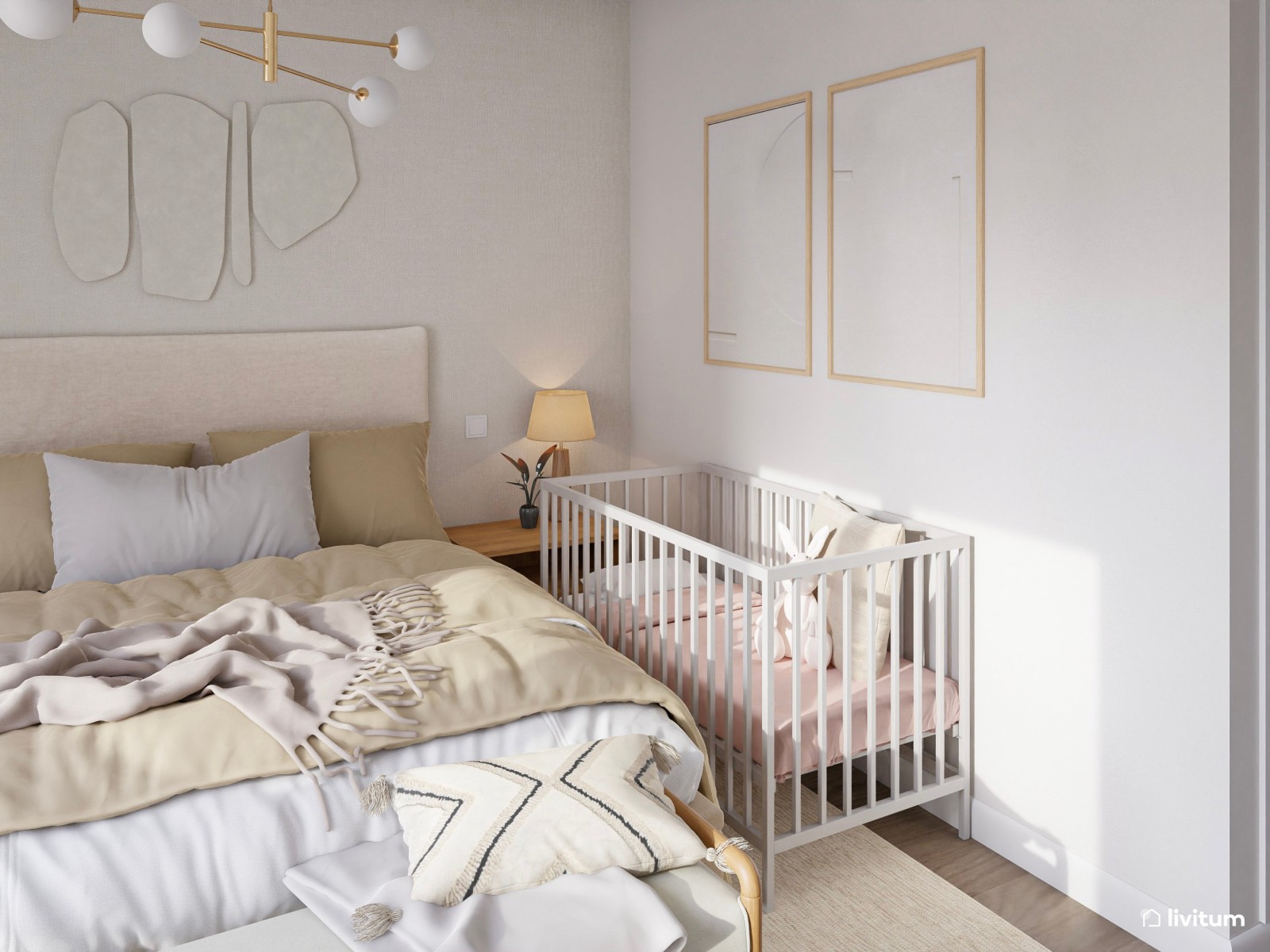 Encantador dormitorio doble en tonos suaves con espacio para cuna 