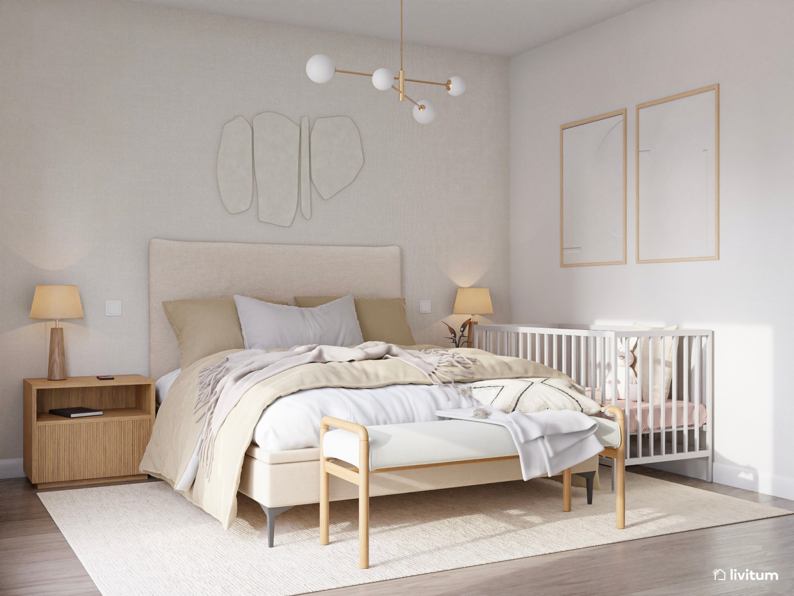 Encantador dormitorio doble en tonos suaves con espacio para cuna 