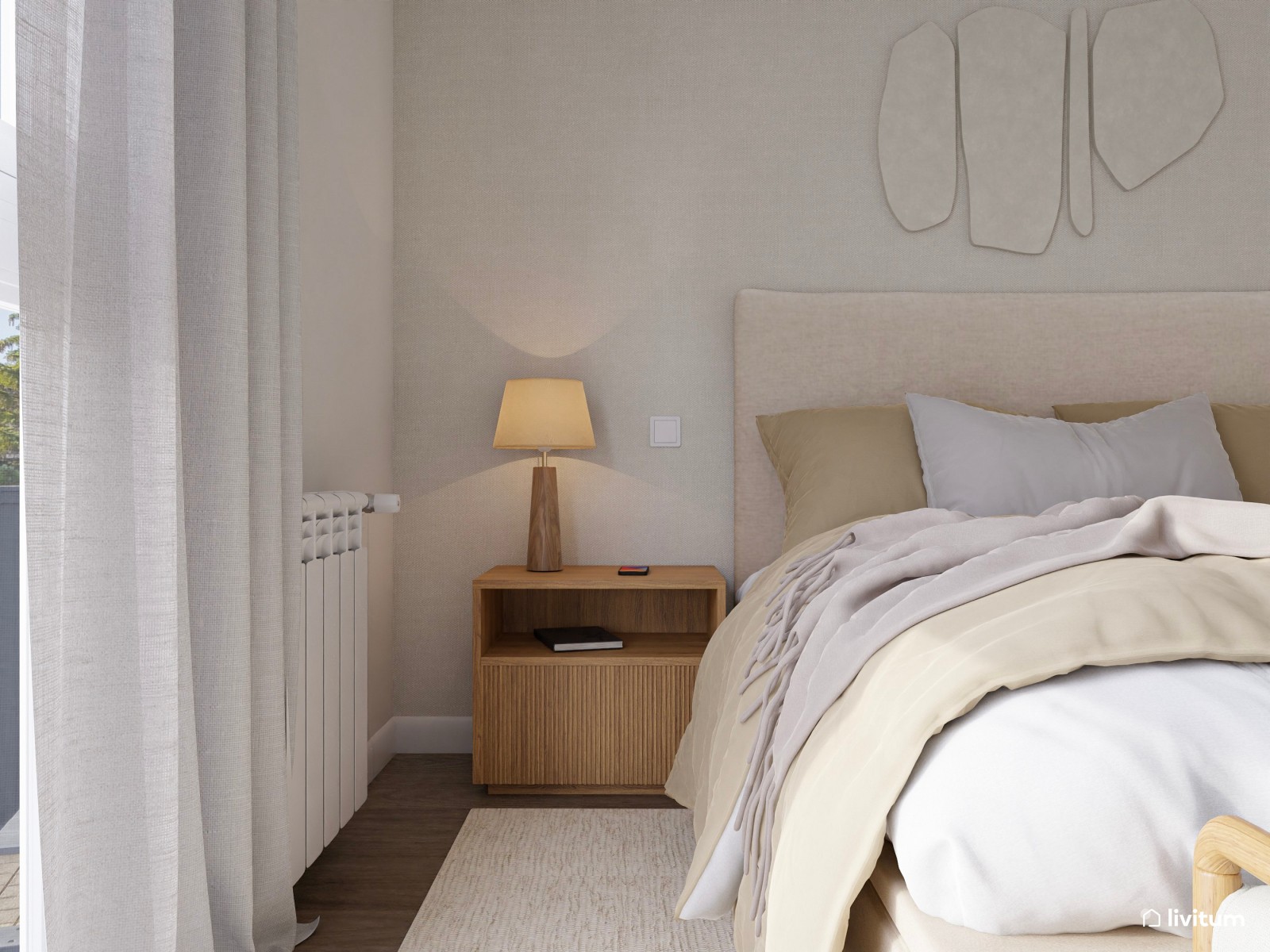 Encantador dormitorio doble en tonos suaves con espacio para cuna 