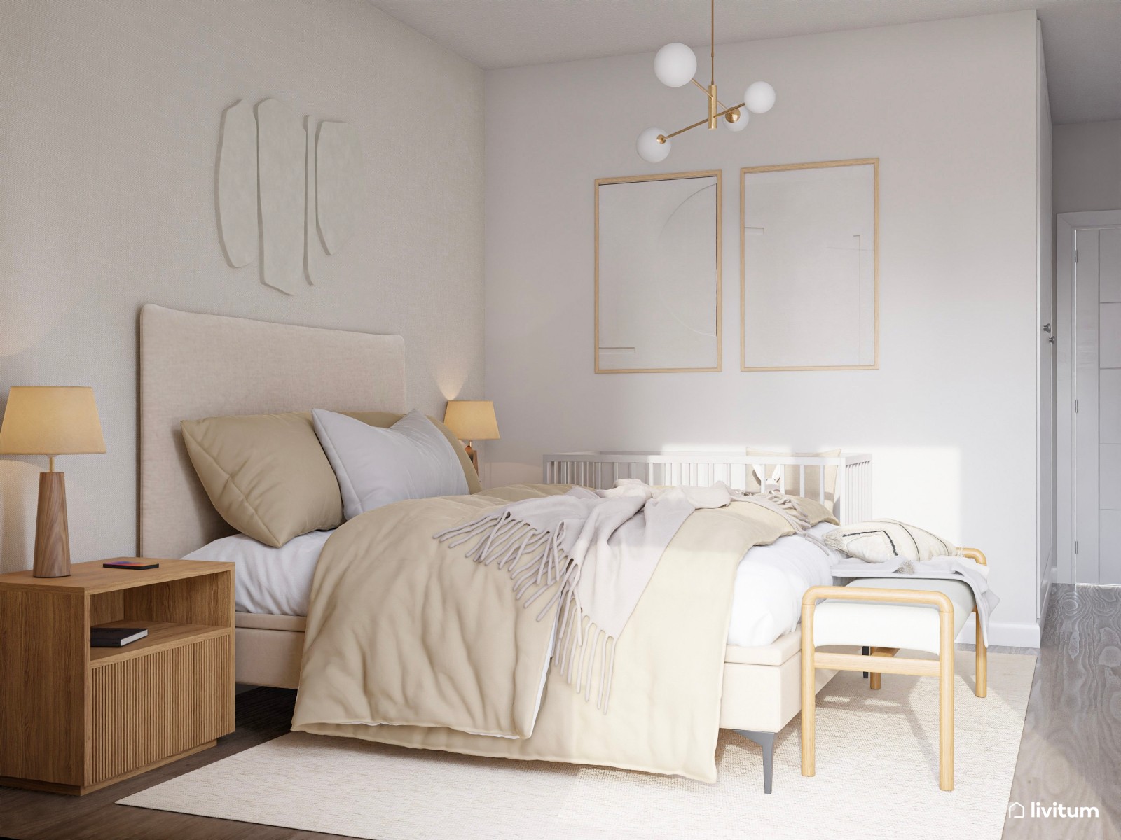 Encantador dormitorio doble en tonos suaves con espacio para cuna 
