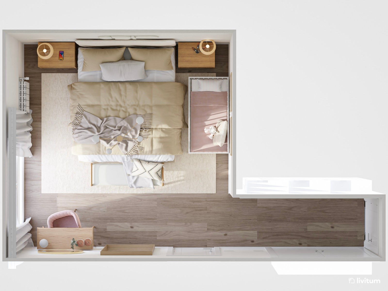 Encantador dormitorio doble en tonos suaves con espacio para cuna 