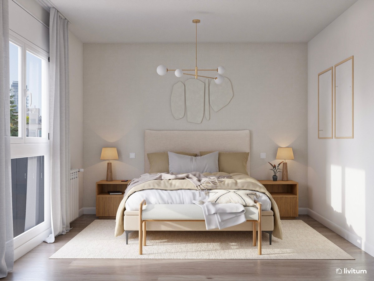 Encantador dormitorio doble en tonos suaves con espacio para cuna