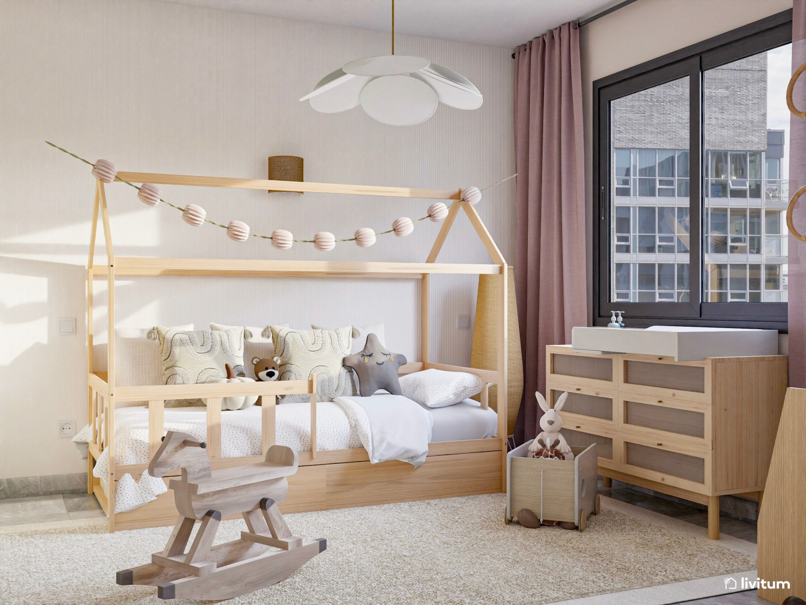 Encantador dormitorio infantil de estilo nórdico con cama tipo casita