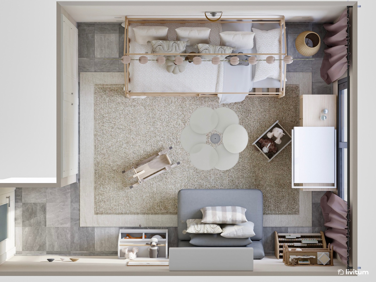 Encantador dormitorio infantil de estilo nórdico con cama tipo casita