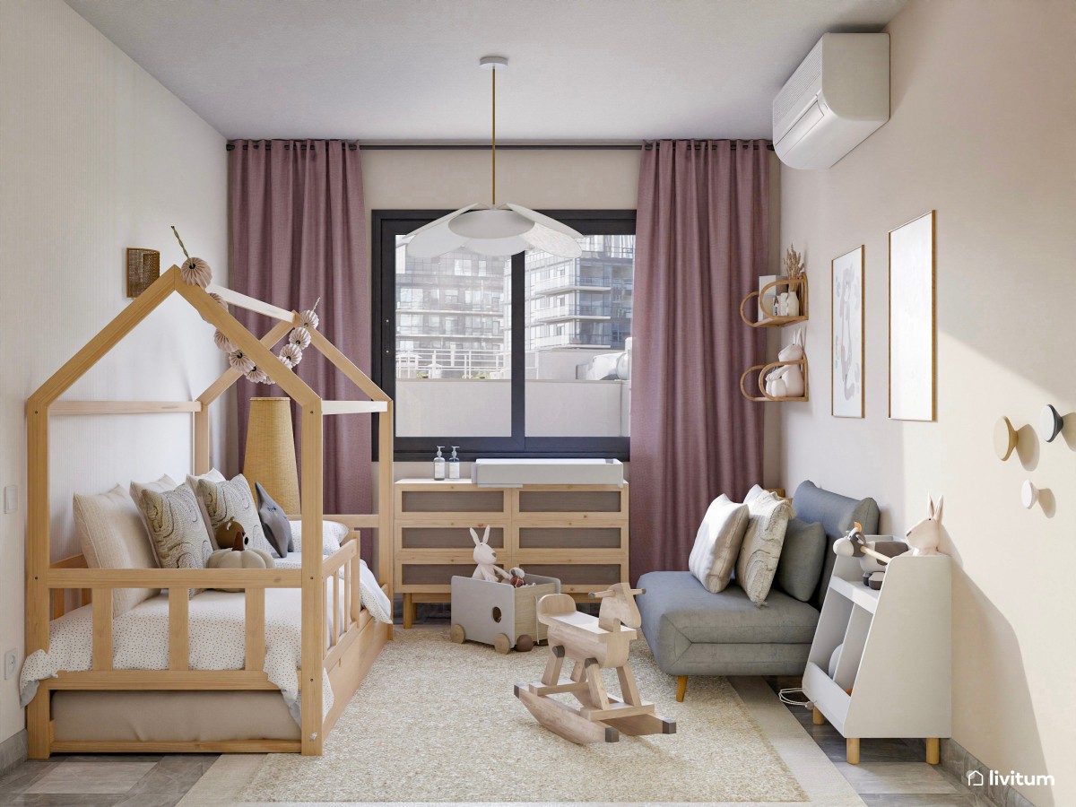 Encantador dormitorio infantil de estilo nórdico con cama tipo casita