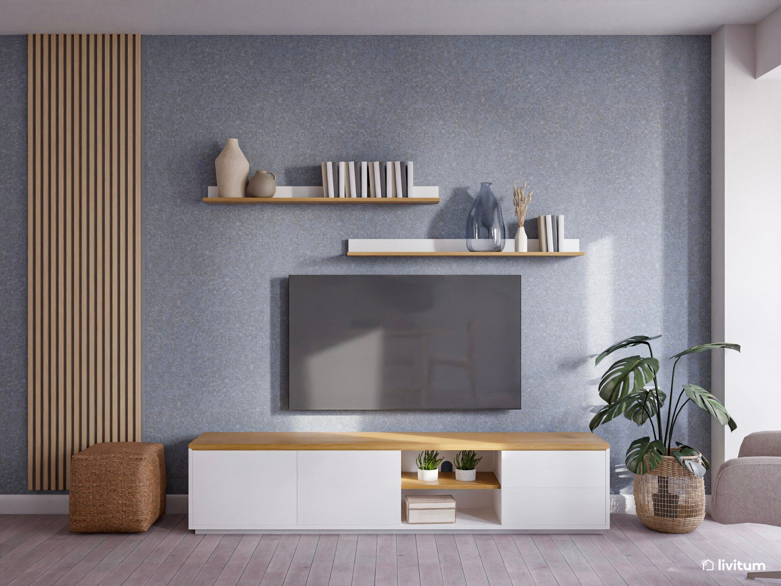 Encantador salón comedor con pared acento en azul 