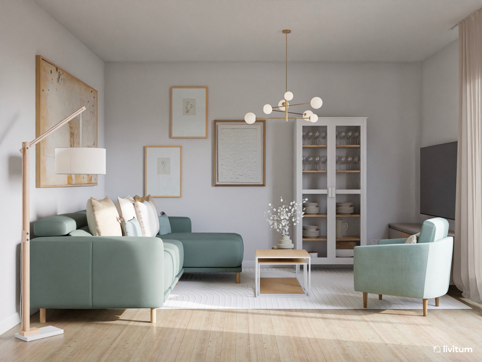 Encantador salón con muebles en madera, blanco y turquesa