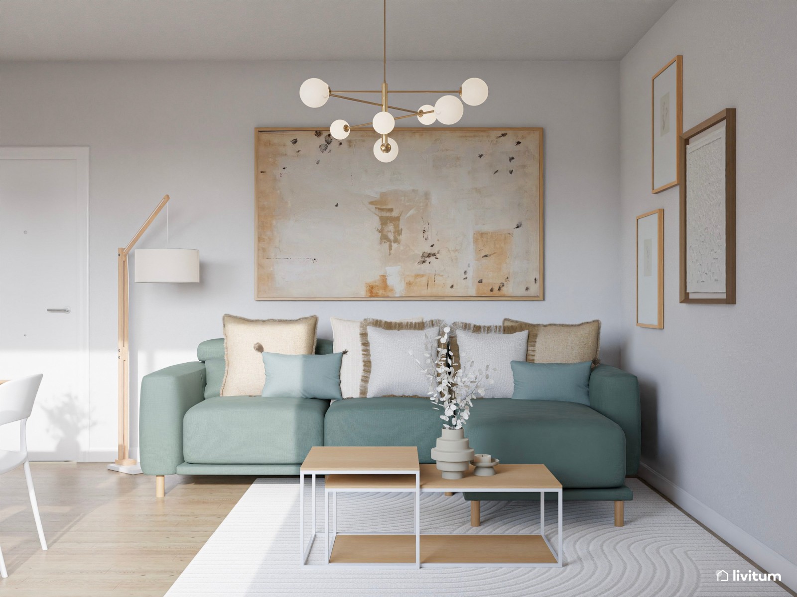 Encantador salón con muebles en madera, blanco y turquesa