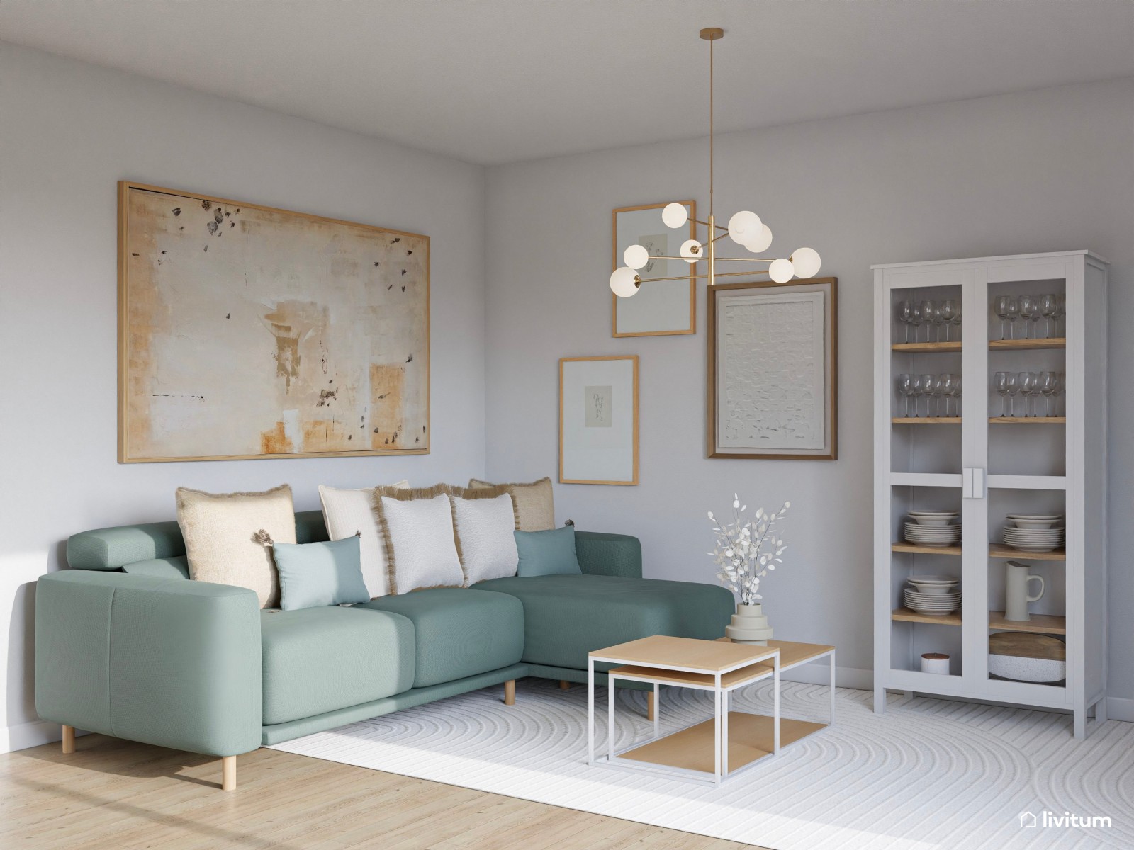 Encantador salón con muebles en madera, blanco y turquesa