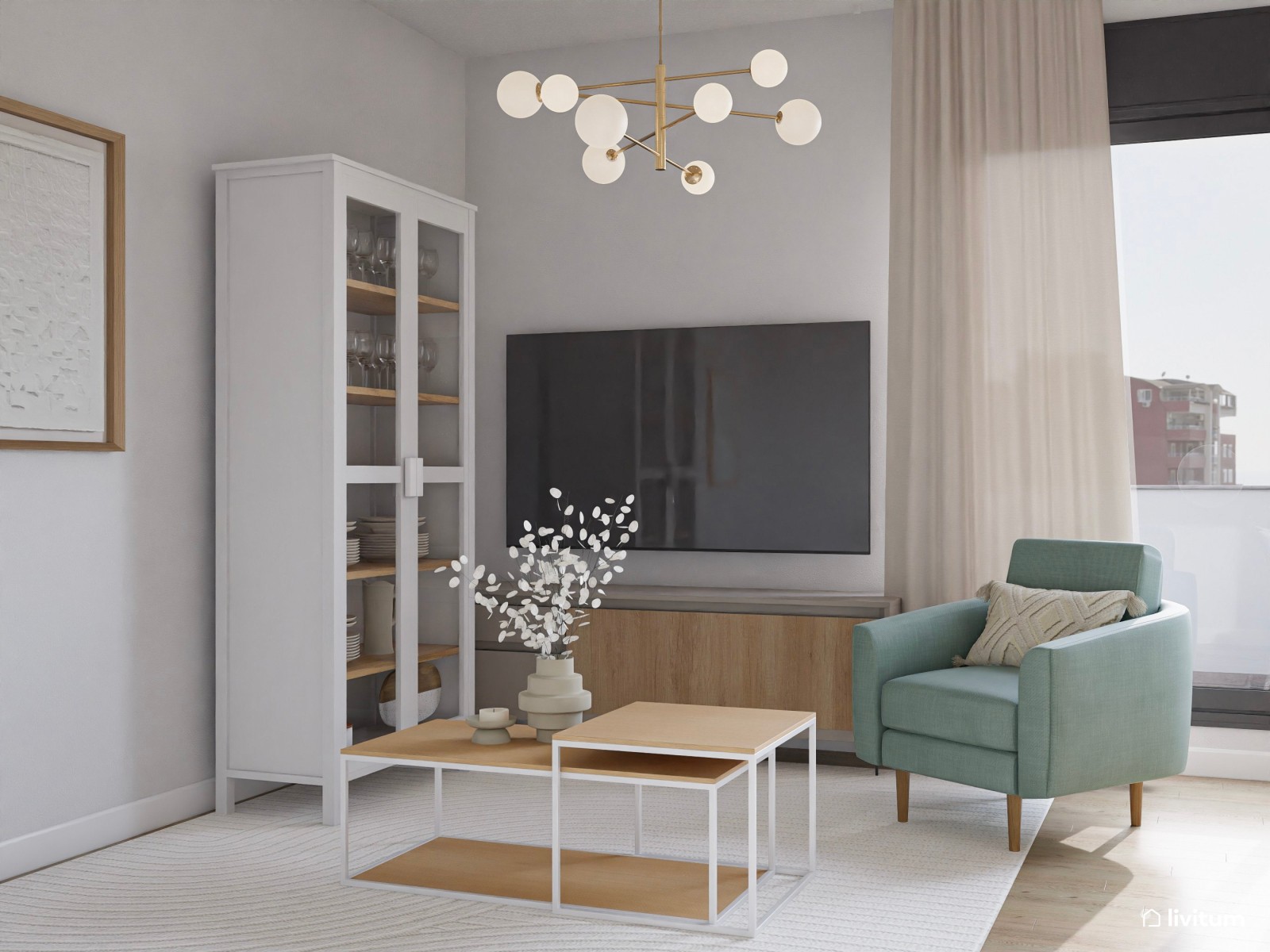 Encantador salón con muebles en madera, blanco y turquesa