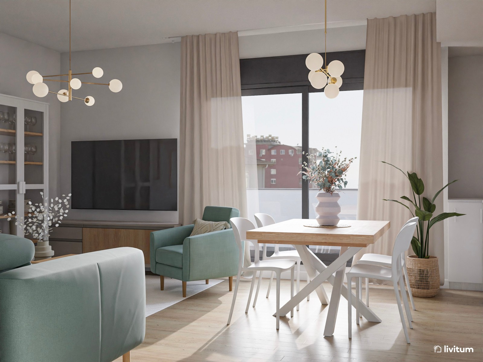 Encantador salón con muebles en madera, blanco y turquesa