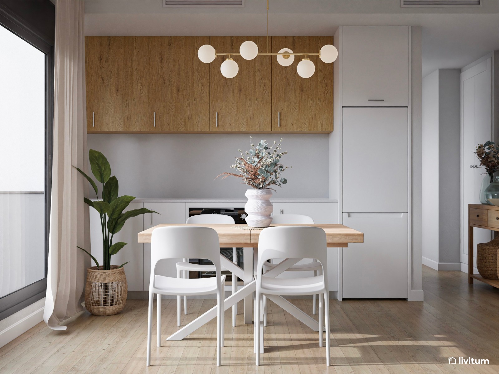 Encantador salón con muebles en madera, blanco y turquesa