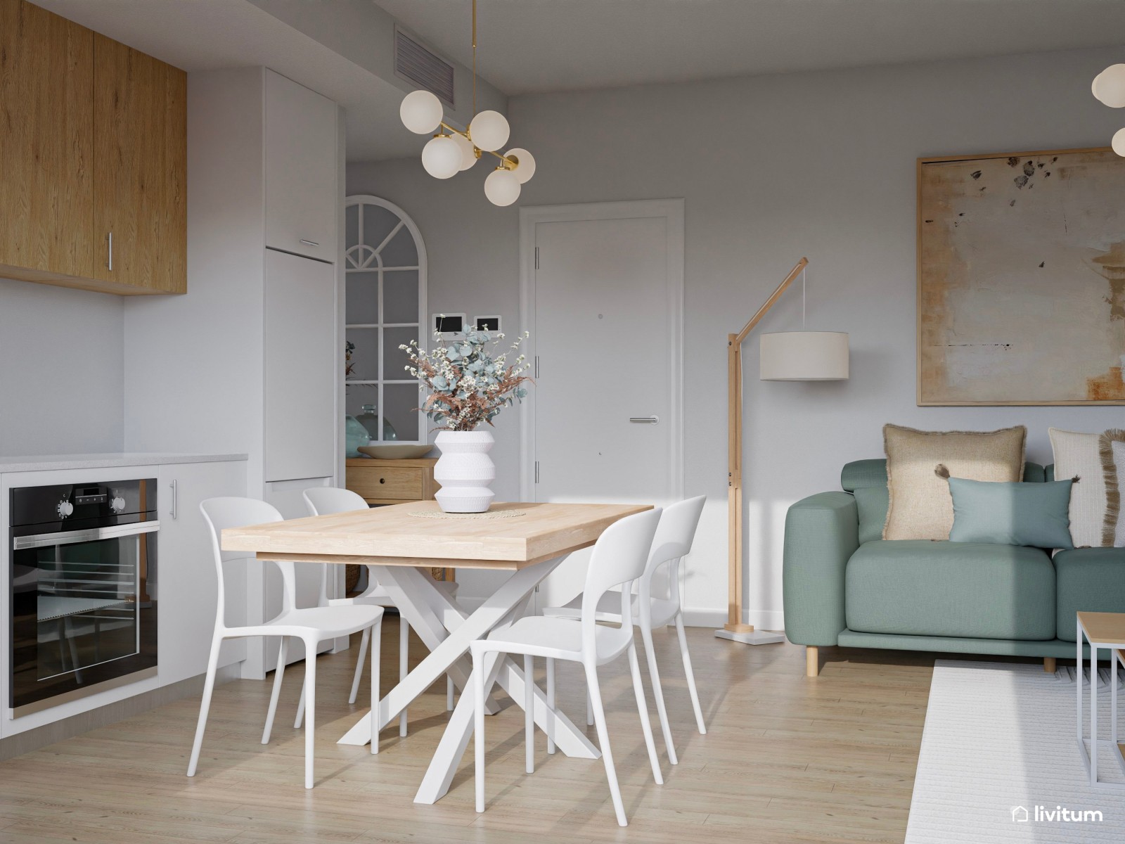 Encantador salón con muebles en madera, blanco y turquesa