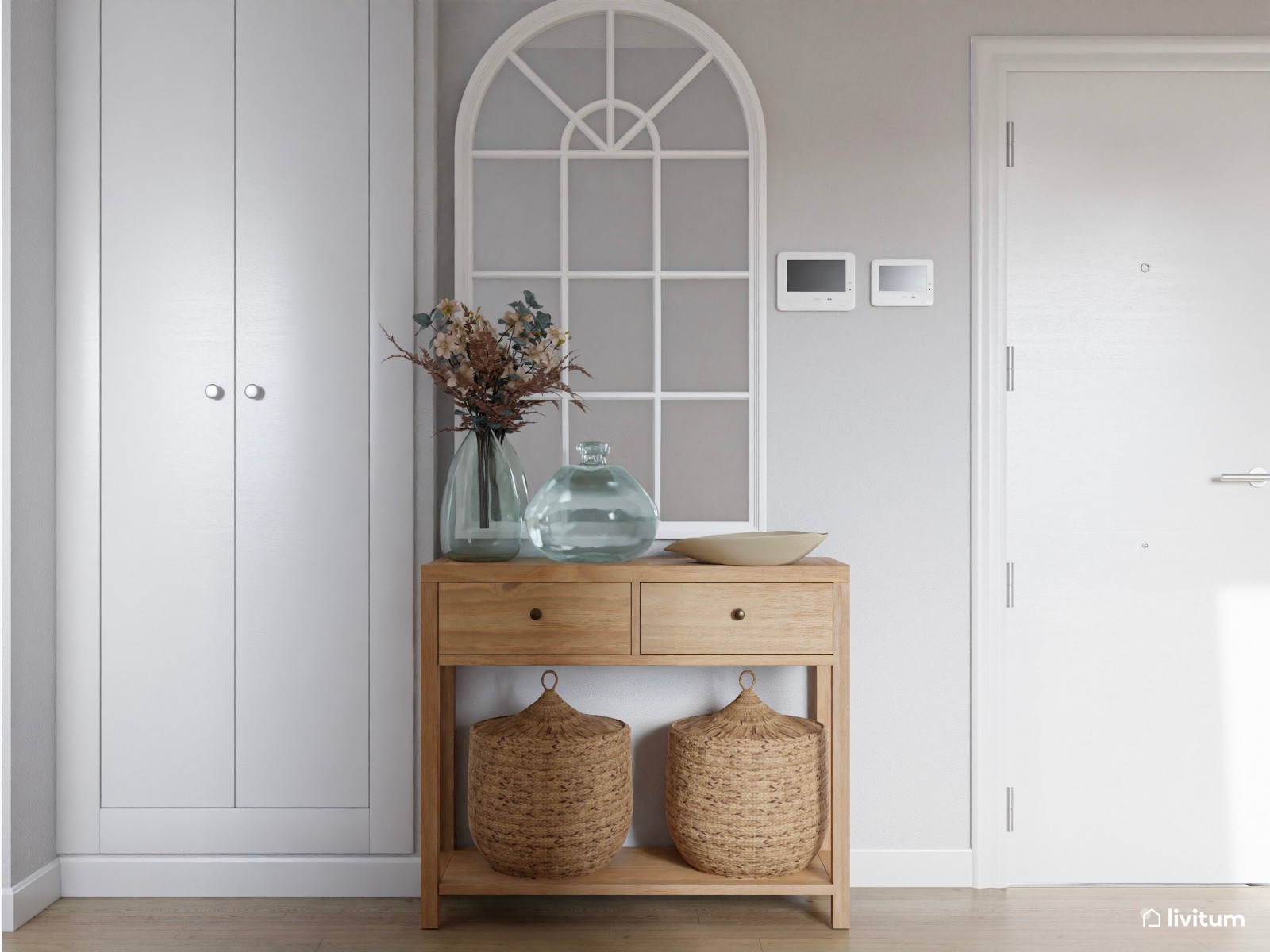 Encantador salón con muebles en madera, blanco y turquesa