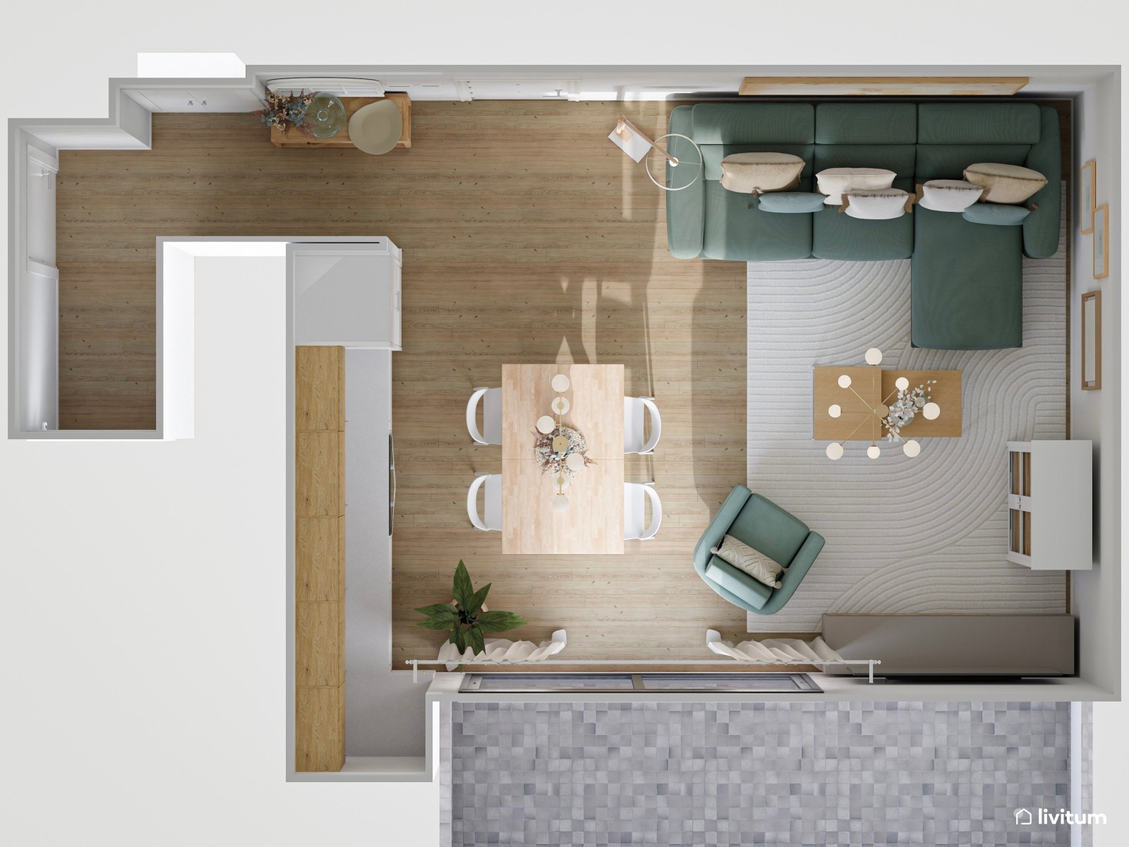 Encantador salón con muebles en madera, blanco y turquesa