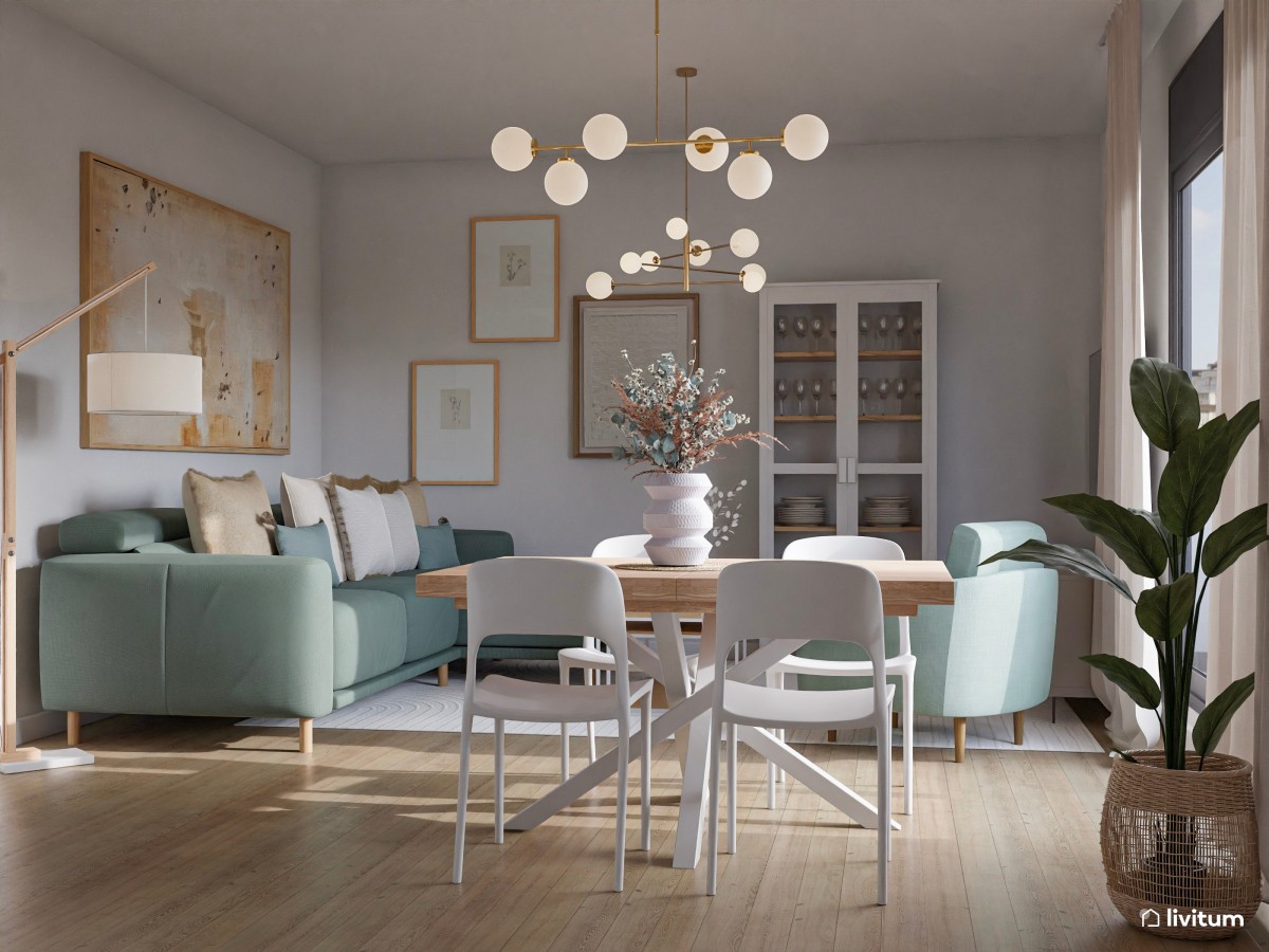 Encantador salón con muebles en madera, blanco y turquesa