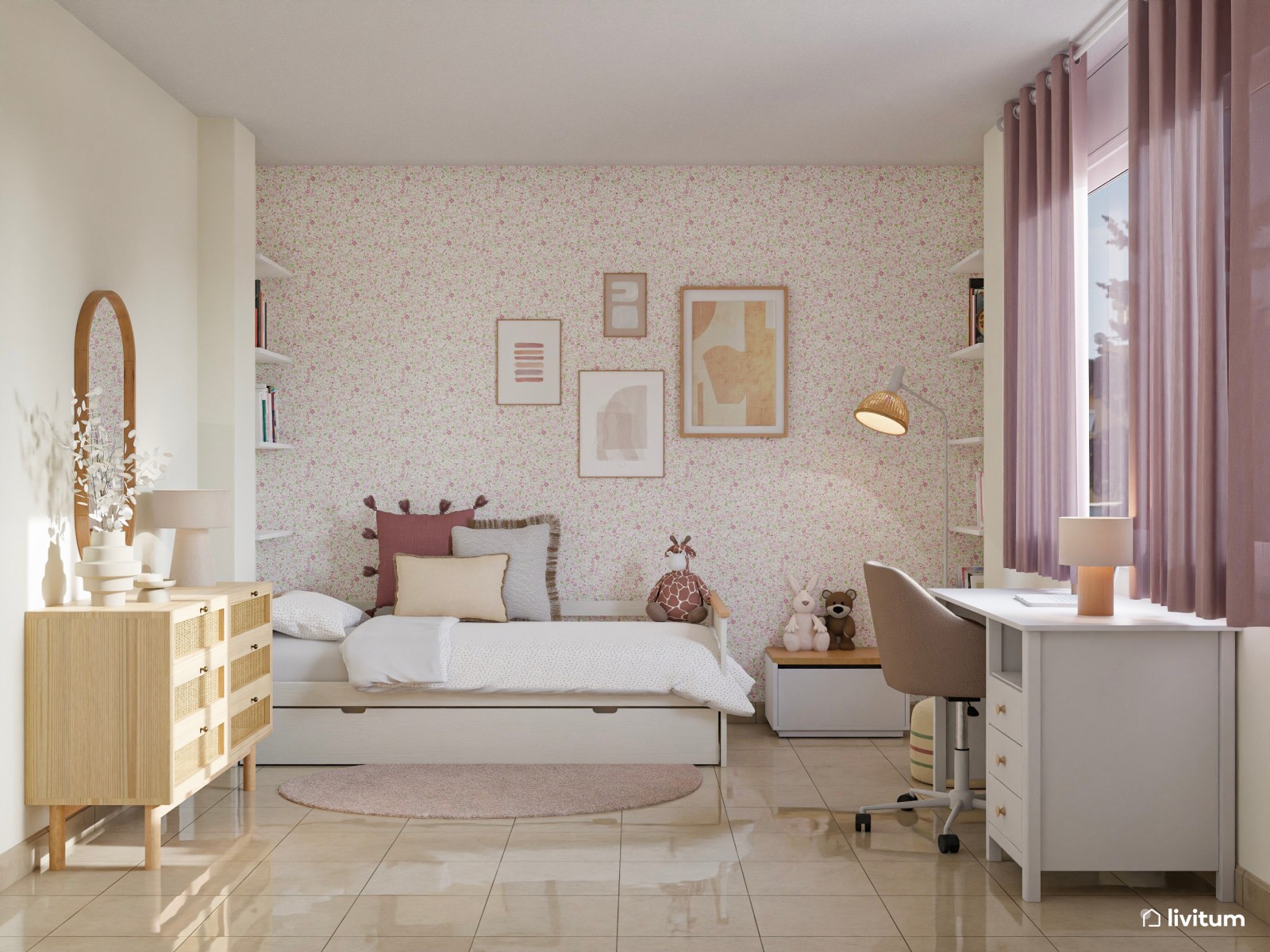 Encantadora habitación infantil decorada con texturas y zona de estudio