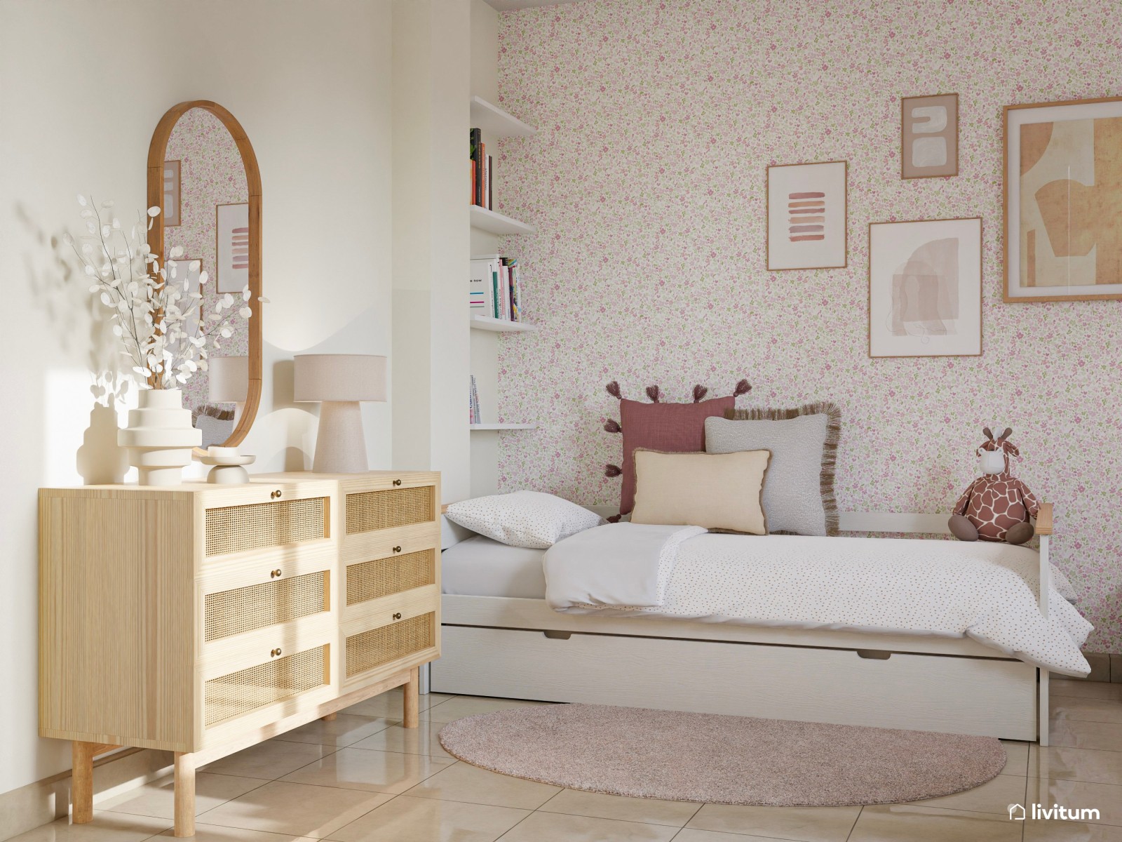 Encantadora habitación infantil decorada con texturas y zona de estudio