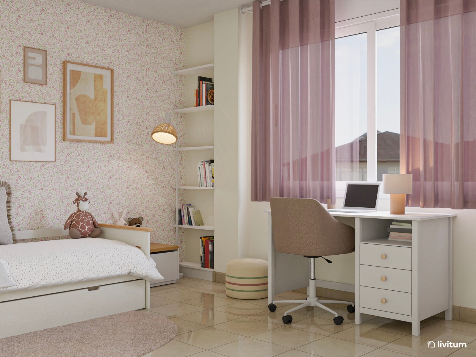 Encantadora habitación infantil decorada con texturas y zona de estudio