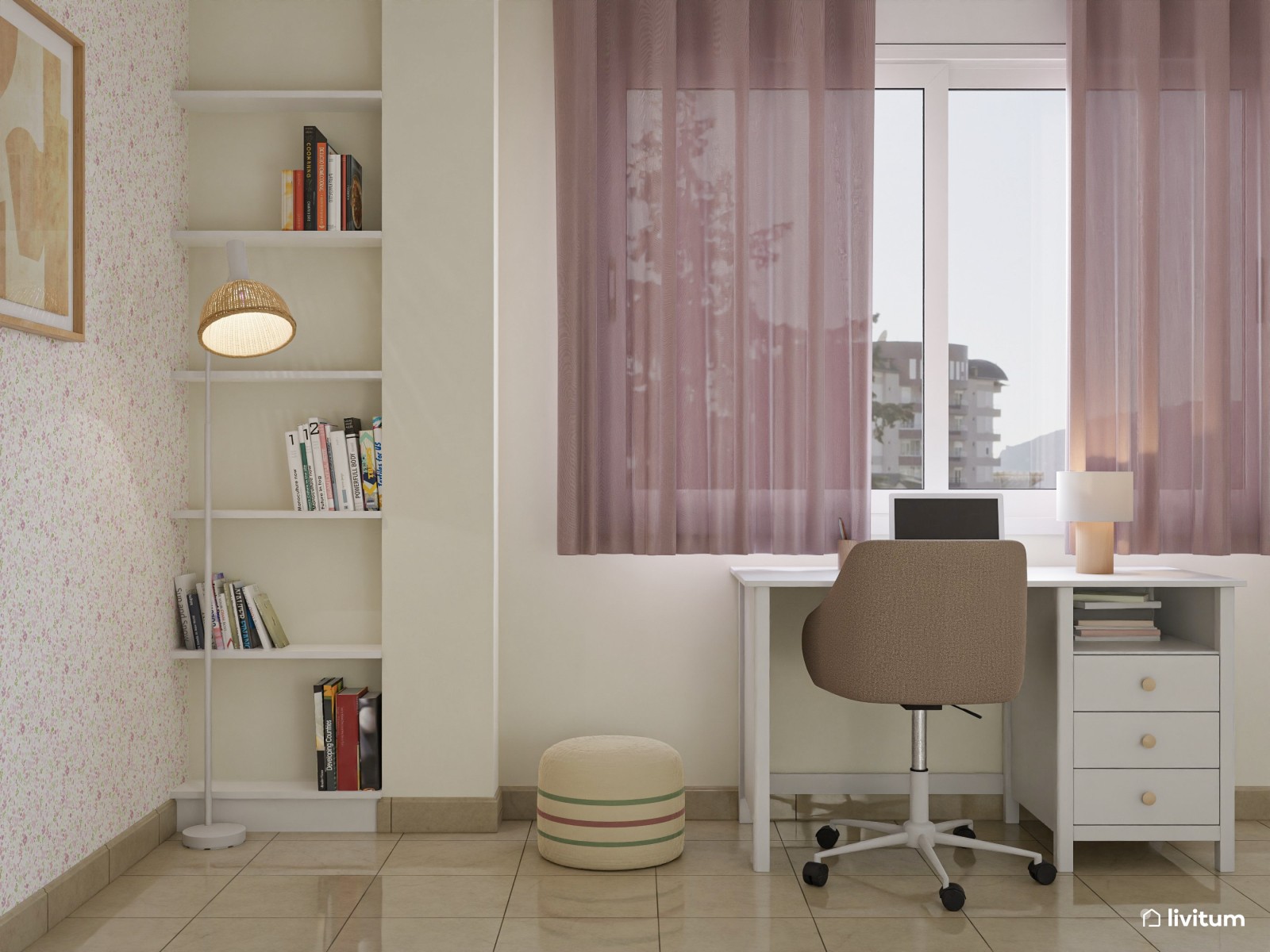 Encantadora habitación infantil decorada con texturas y zona de estudio