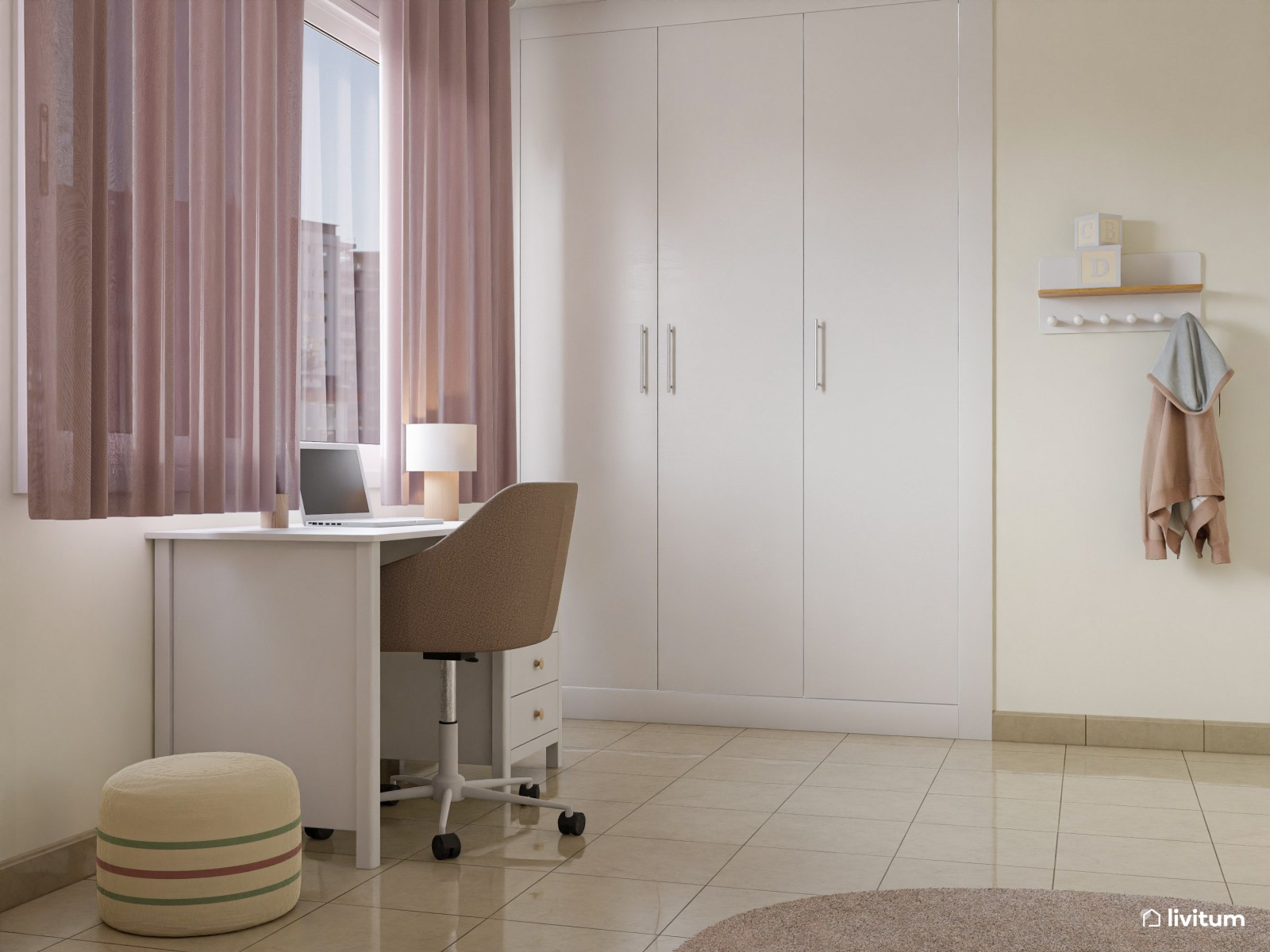 Encantadora habitación infantil decorada con texturas y zona de estudio