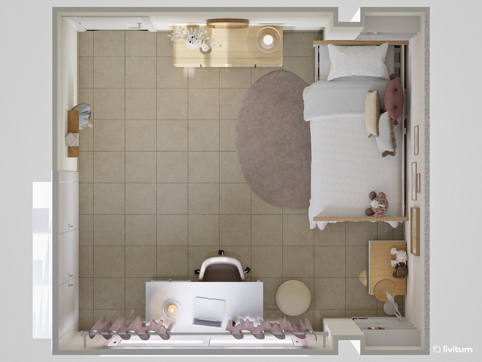 Encantadora habitación infantil decorada con texturas y zona de estudio