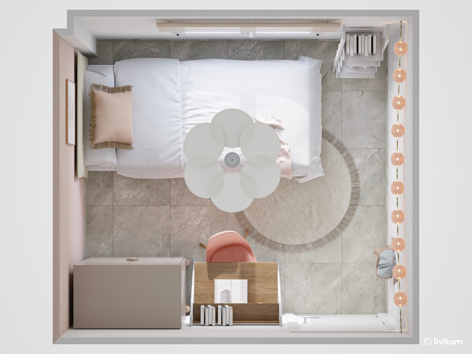 Encantadora habitación infantil en blanco, beige  y rosa