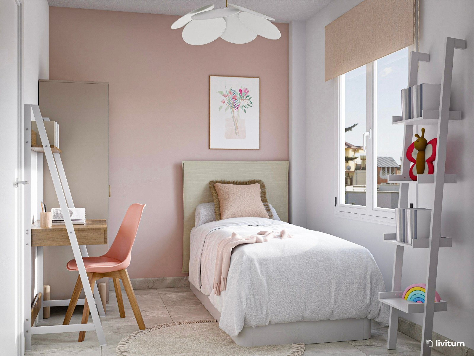 Encantadora habitación infantil en blanco, beige  y rosa