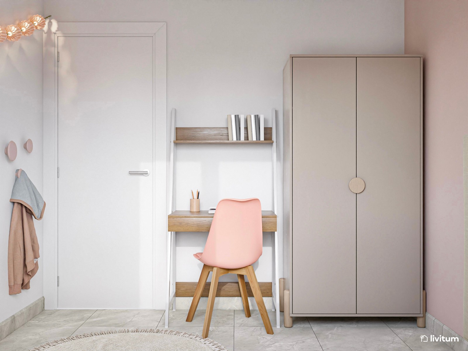 Encantadora habitación infantil en blanco, beige  y rosa