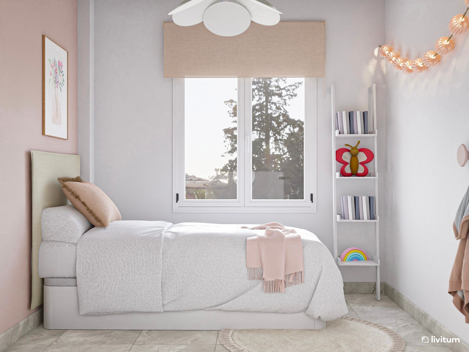 Encantadora habitación infantil en blanco, beige  y rosa
