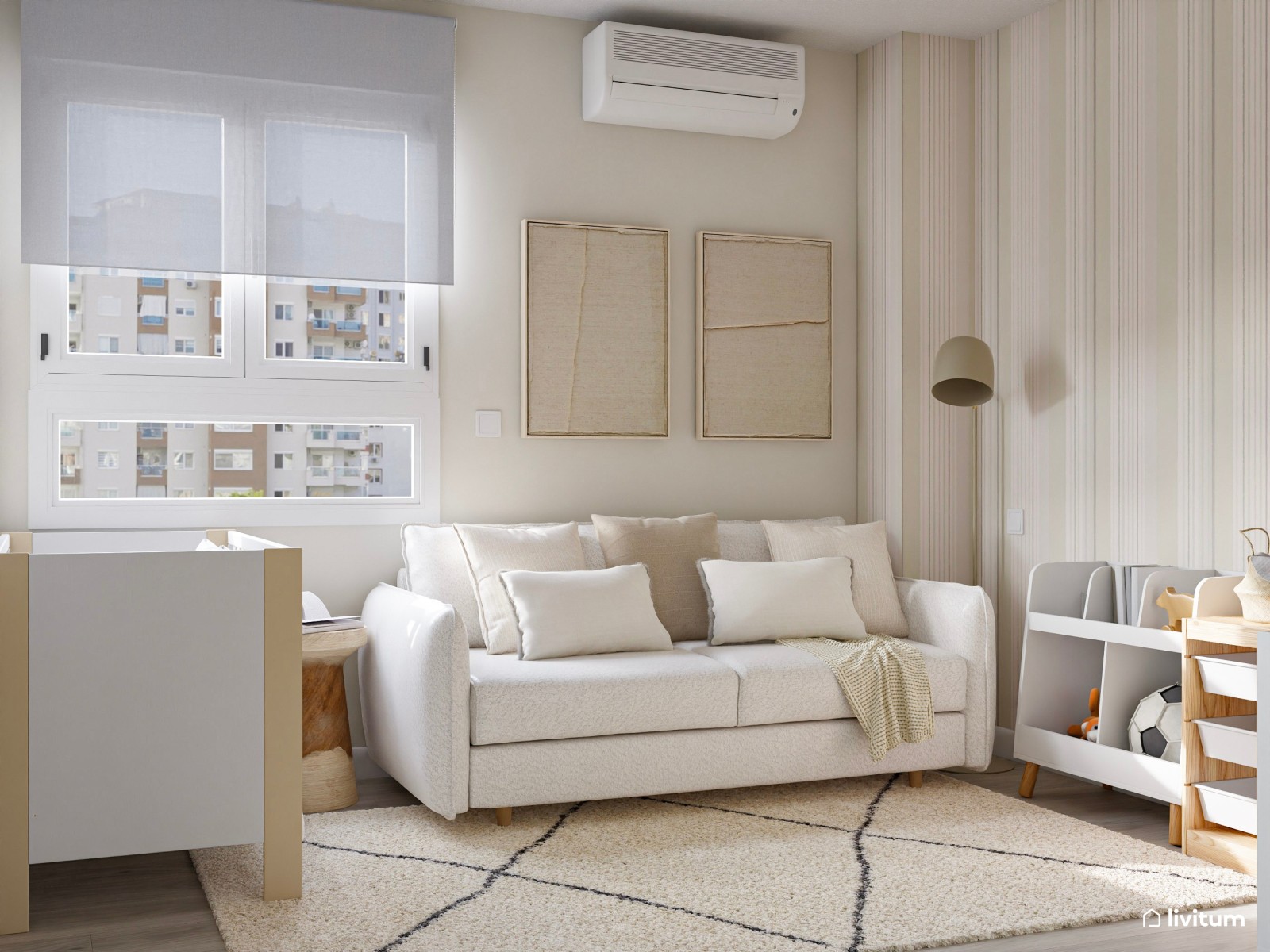 Espacio multifuncional de estilo nórdico con estudio y cuna