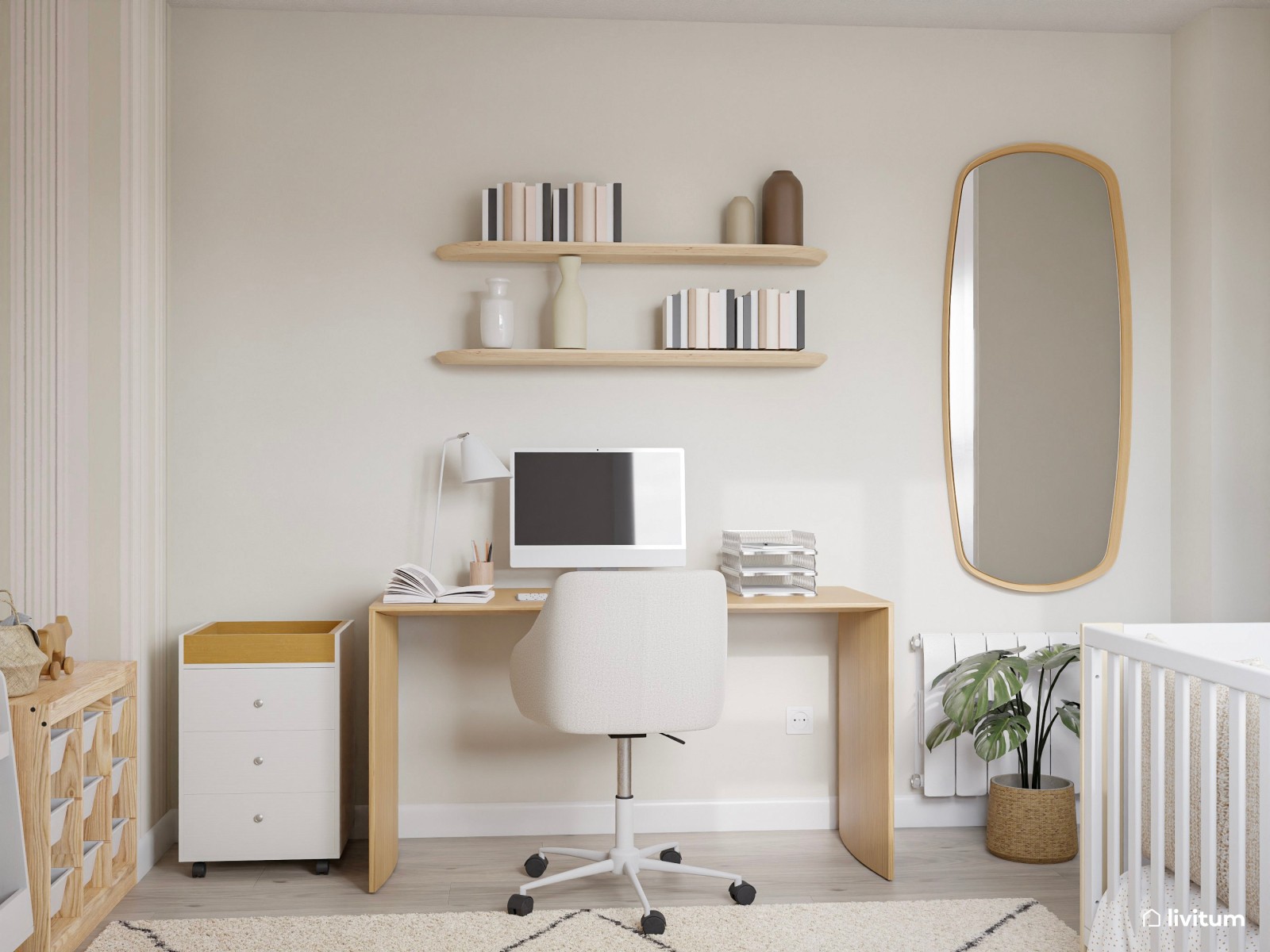 Espacio multifuncional de estilo nórdico con estudio y cuna
