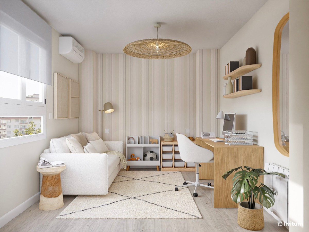 Espacio multifuncional de estilo nórdico con estudio y cuna