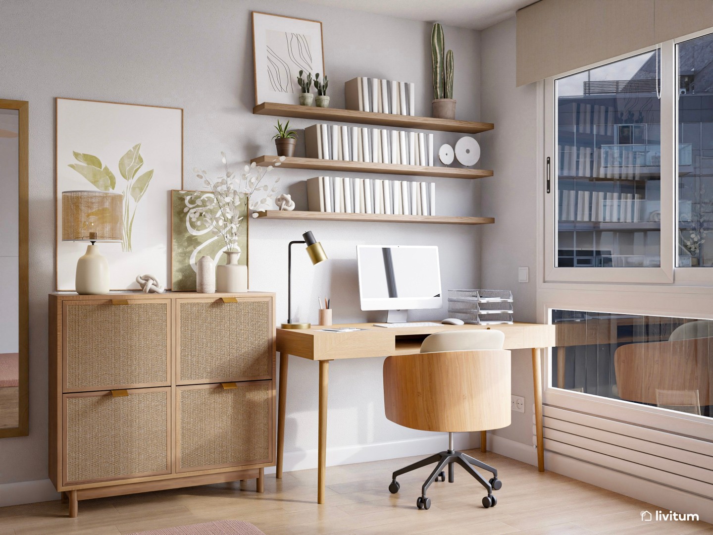 Espacioso dormitorio con zona de trabajo en madera y verde - Livitum.com