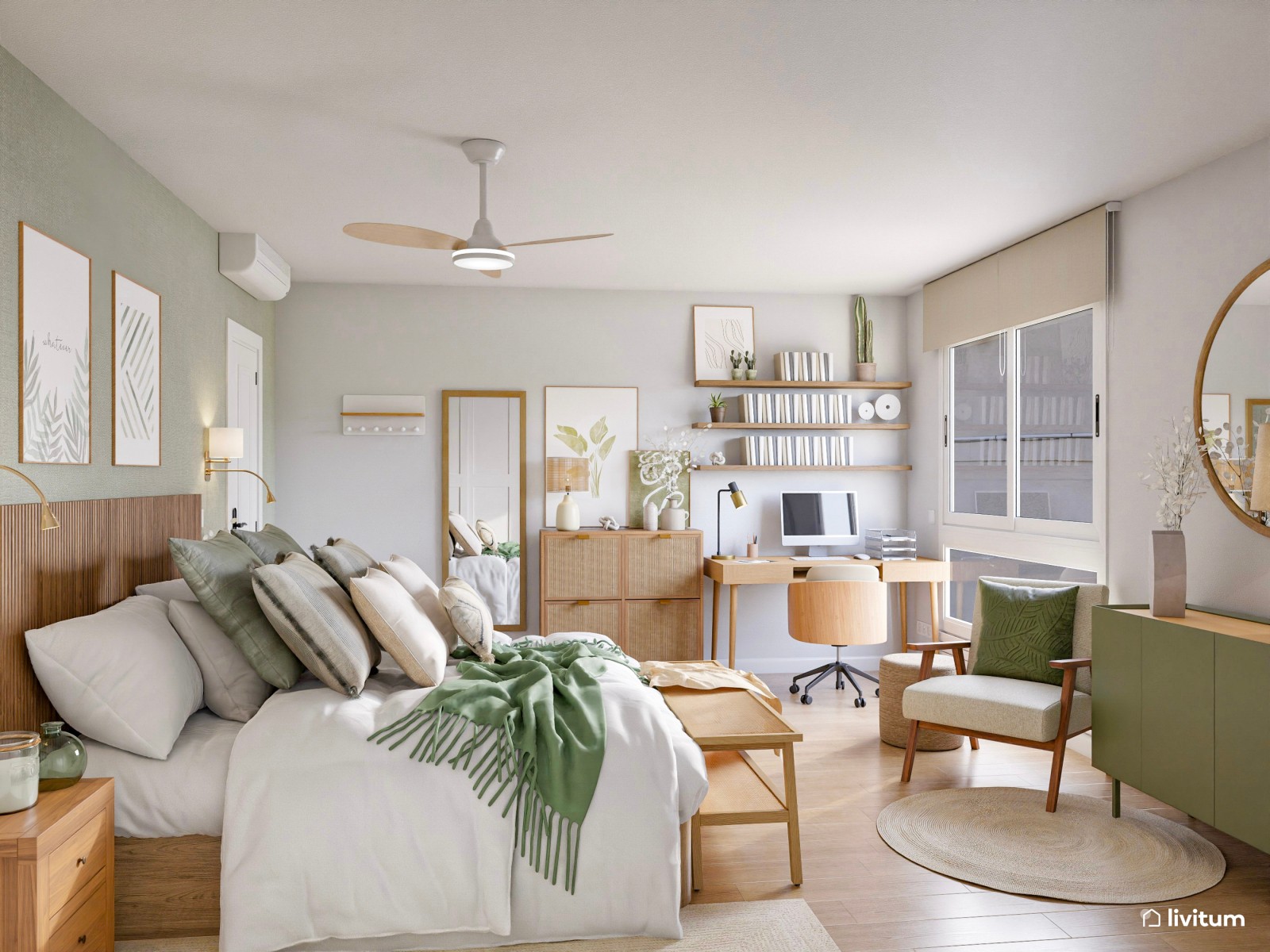 Espacioso dormitorio con zona de trabajo en madera y verde