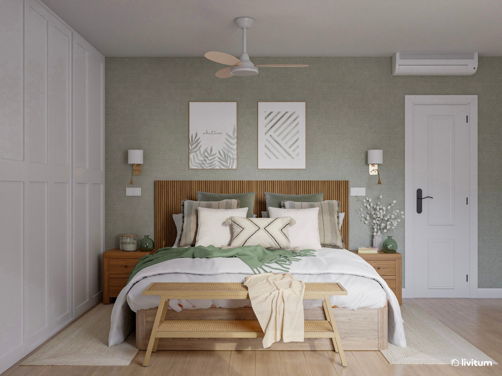 Espacioso dormitorio con zona de trabajo en madera y verde