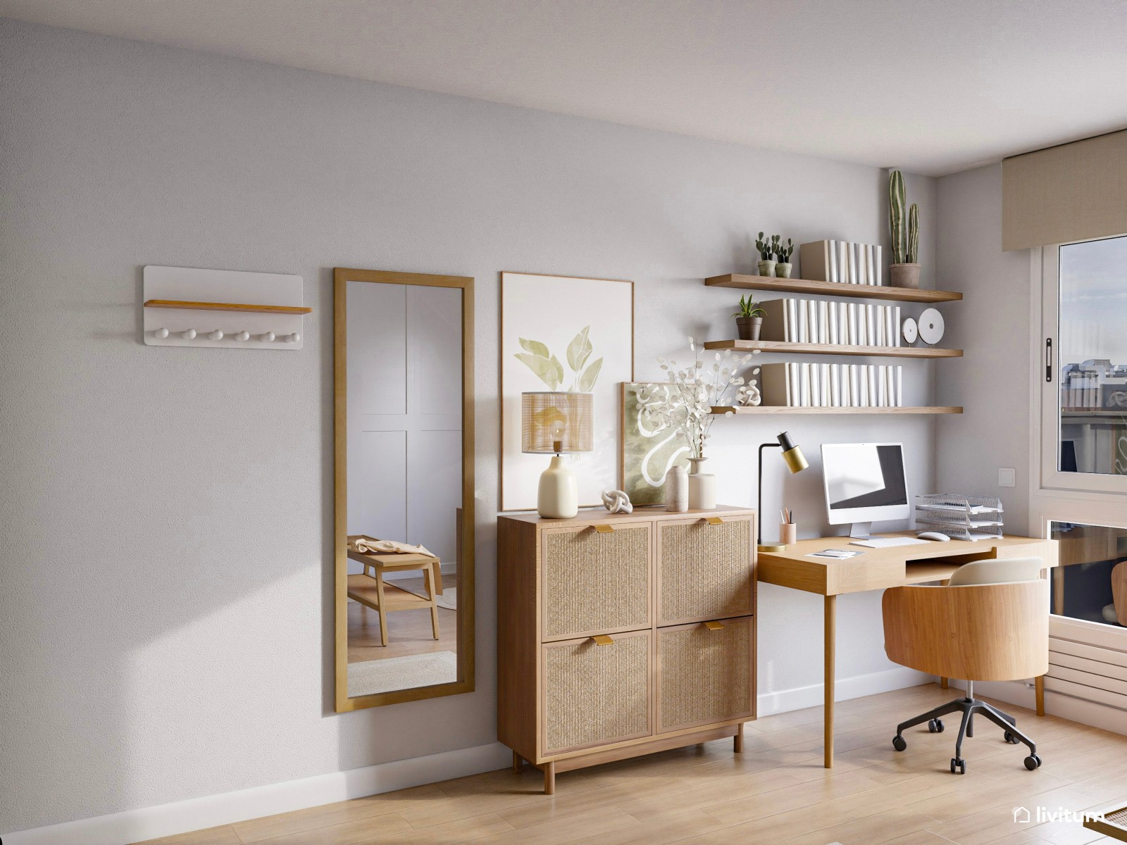 Espacioso dormitorio con zona de trabajo en madera y verde