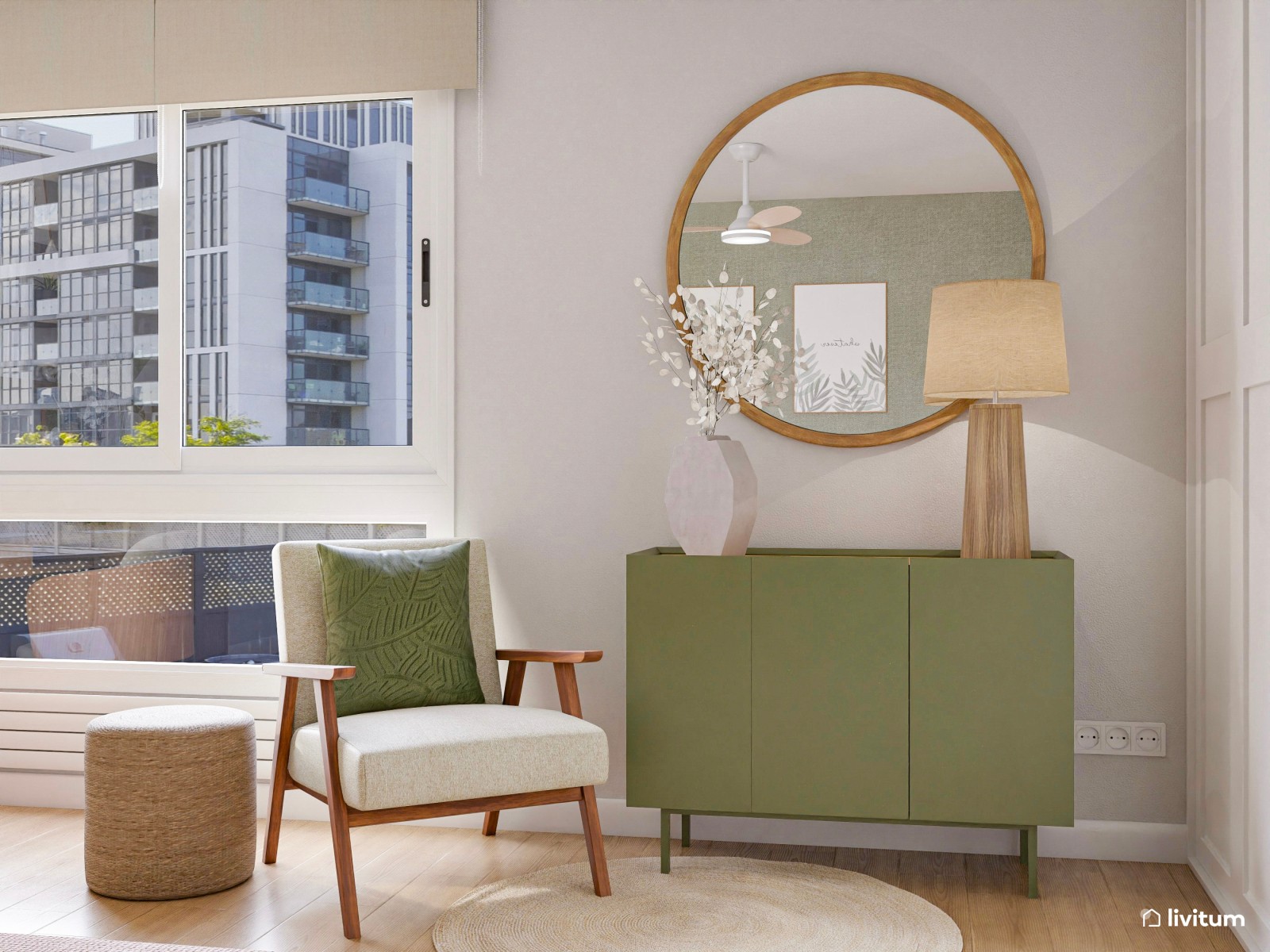 Espacioso dormitorio con zona de trabajo en madera y verde