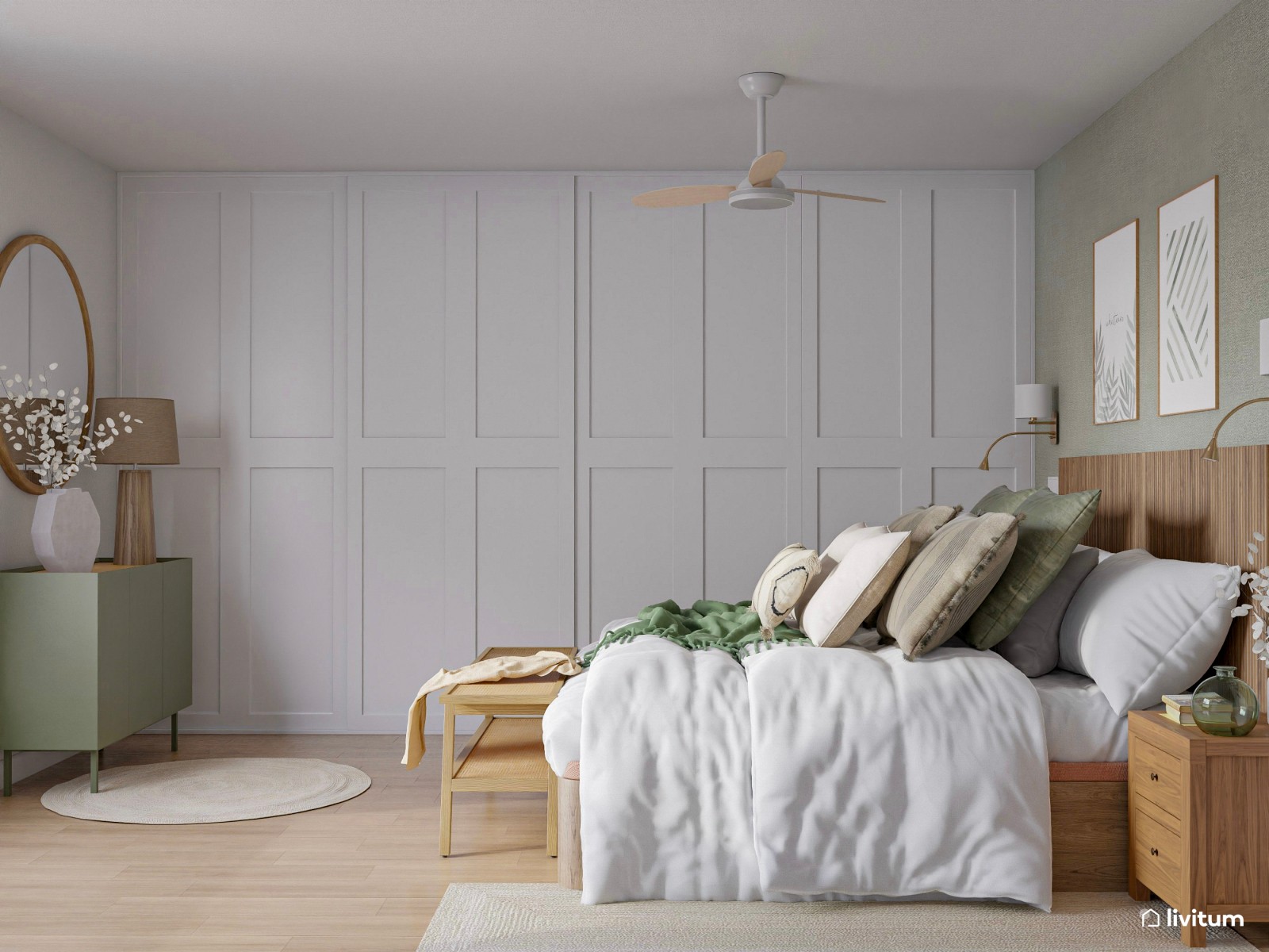 Espacioso dormitorio con zona de trabajo en madera y verde